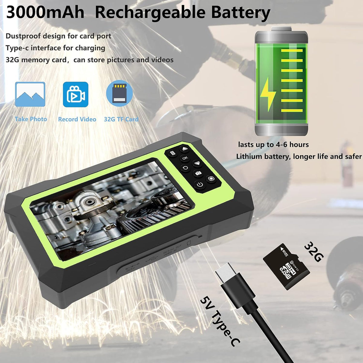Endoscope Camera with Lights, 1080P HD Borescope Camera 4.3 Inch LCD Screen IP67 Waterproof, 3000mAh Battery, 32GB TF Card N5706