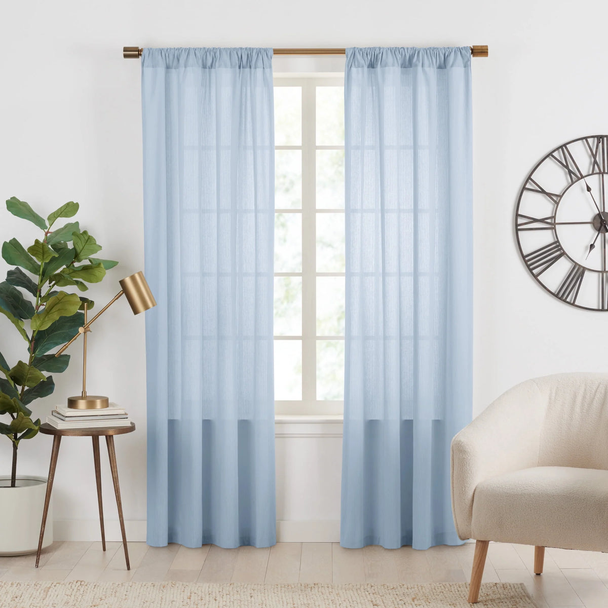 Semi-Sheer Stripe Organic Cotton Window Curtain Pair White 84 N43953