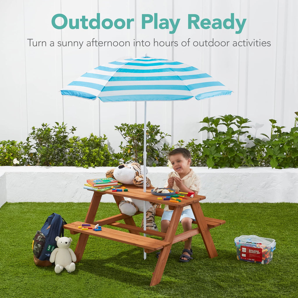 Kids Wooden Picnic Table with Adjustable Umbrella and Built-In Seats A343