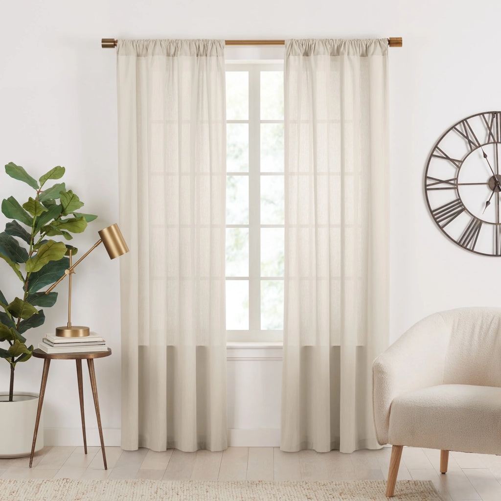 Semi-Sheer Stripe Organic Cotton Window Curtain Pair White 84 N43953
