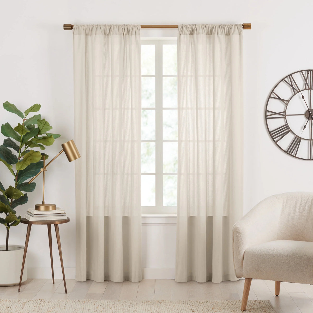 Semi-Sheer Stripe Organic Cotton Window Curtain Pair White 84 N43953