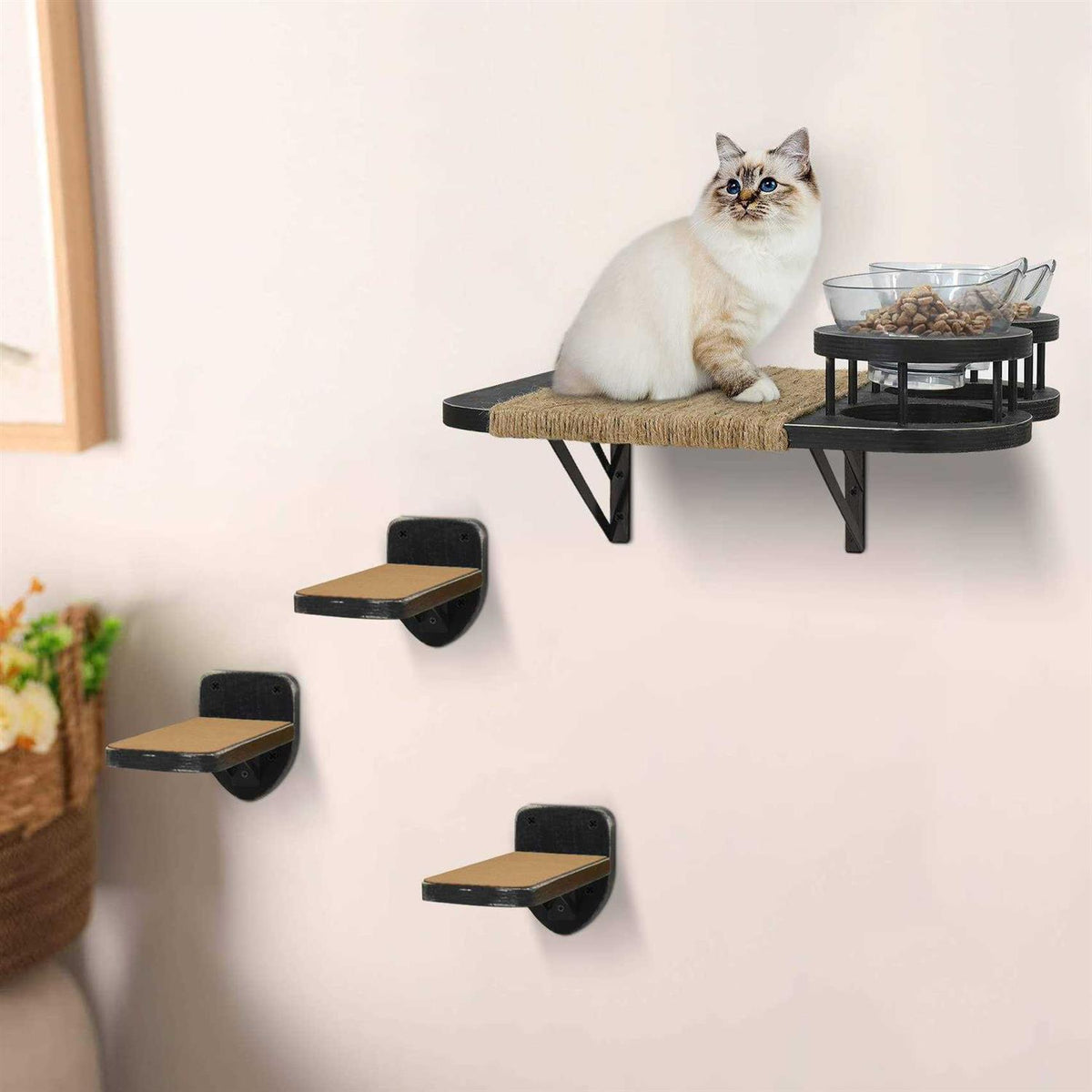 Cat Hammock Wall Shelves with 3 Steps and 2 Food Shelf L3946