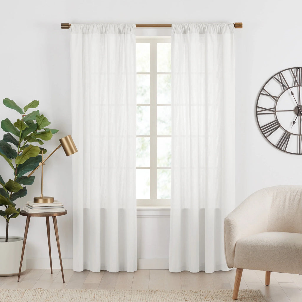 Semi-Sheer Stripe Organic Cotton Window Curtain Pair White 84 N43953