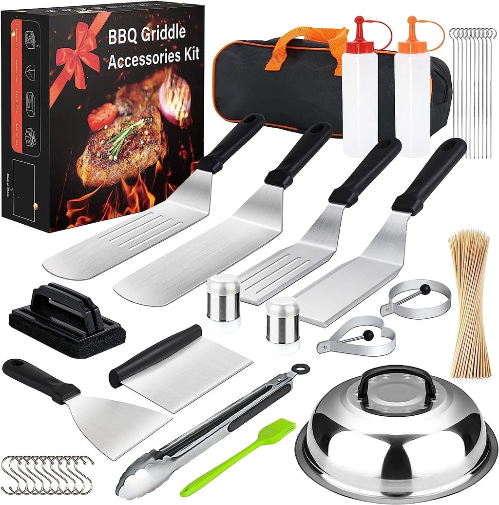 137 Flat Top Grill Accessories Kit with Spatula, Basting Cover, Scraper, Bottle, Tongs, Egg Rings & Carry Bag G752178
