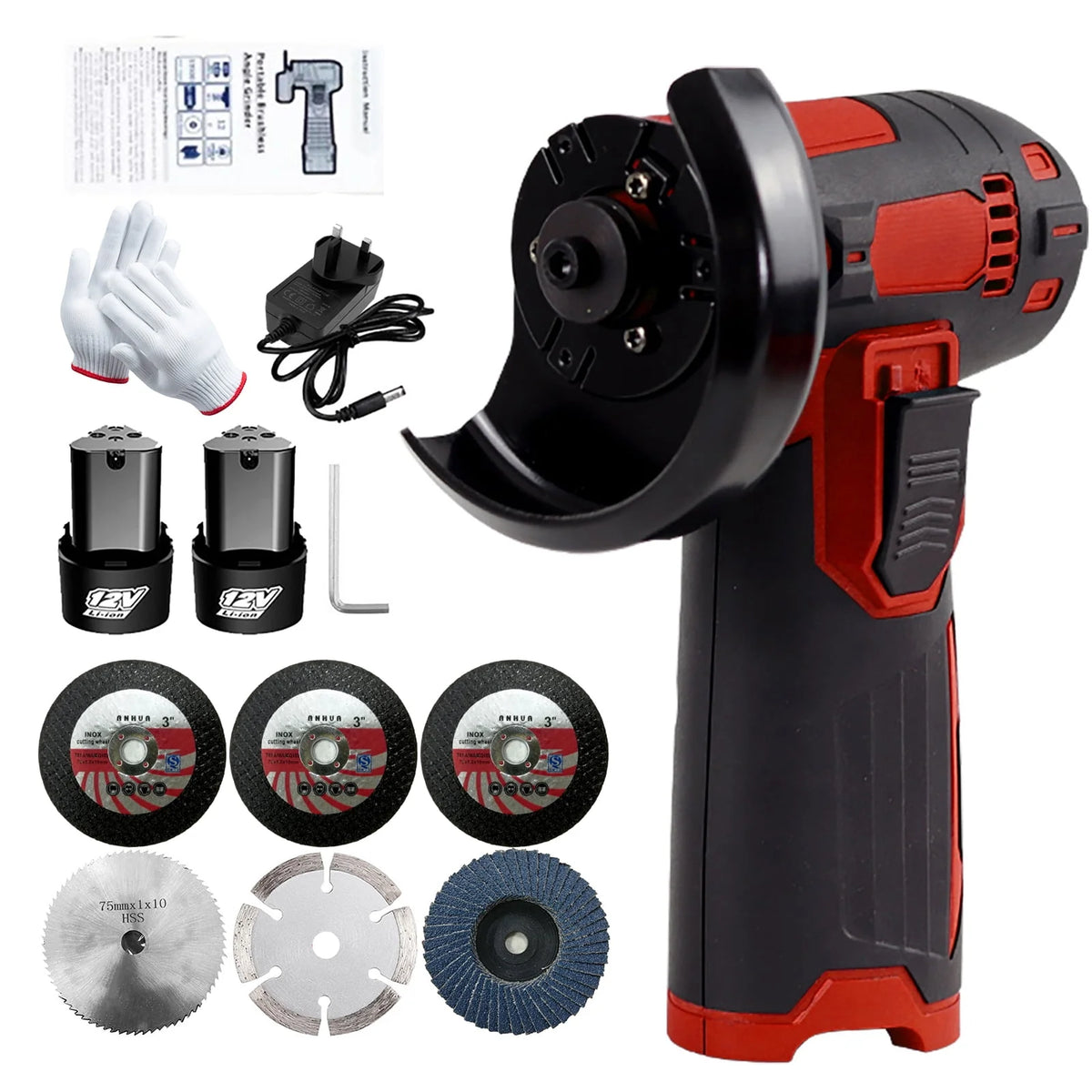 12V Cordless Angle Grinder Kit 3 Inch 19500 rpm with 2 1300mAh Lithium-Ion Battery E441893