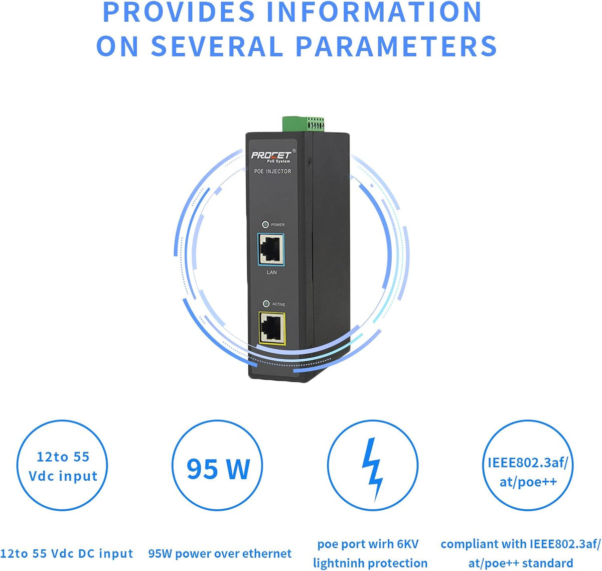 Industrial Gigabit PoE Injector Adapter 95W 55V Metal Case Pack of 2 W634239