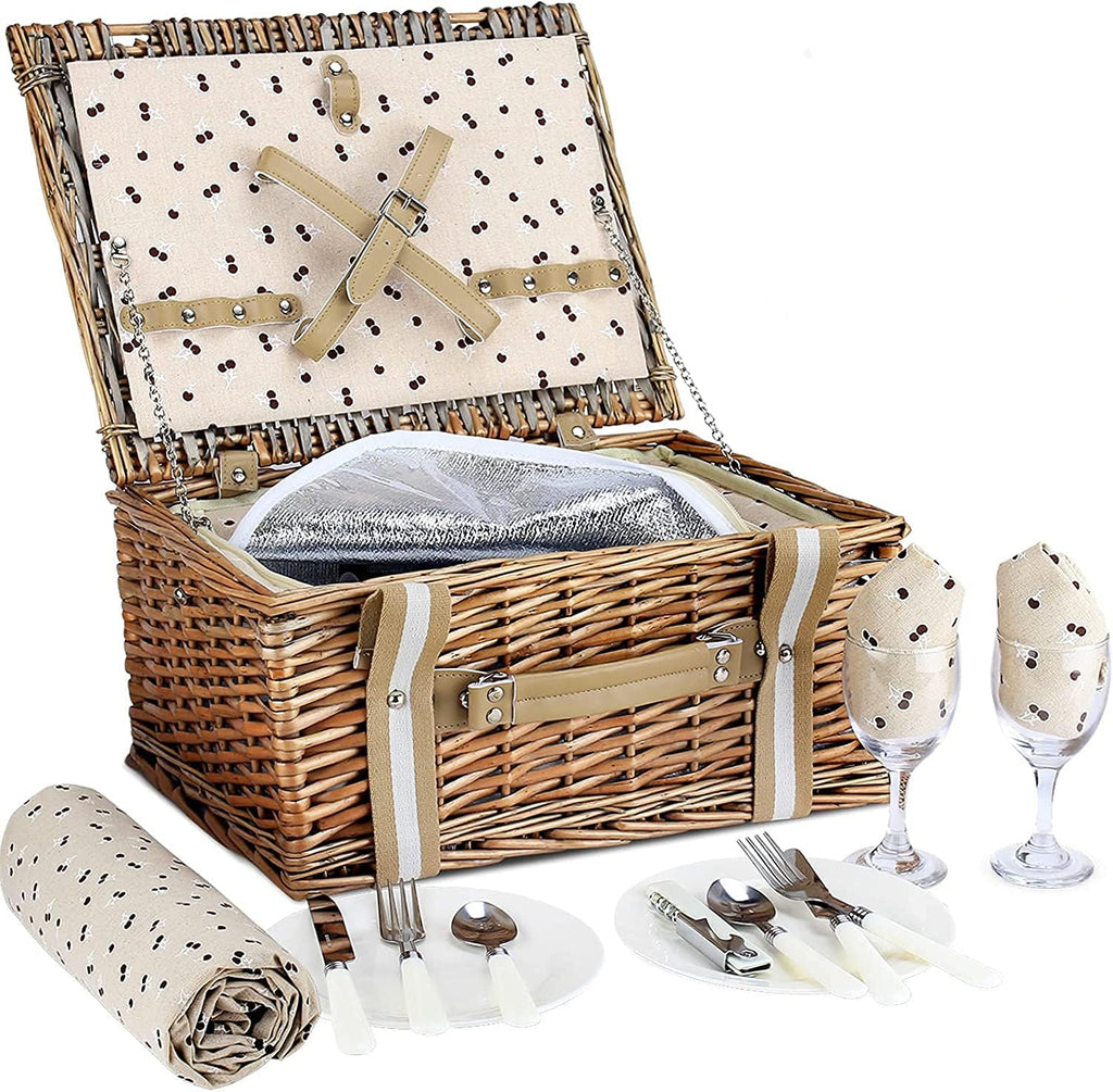 Willow Wicker Picnic Basket Set for 2 Persons with Insulated Cooler Bag E647