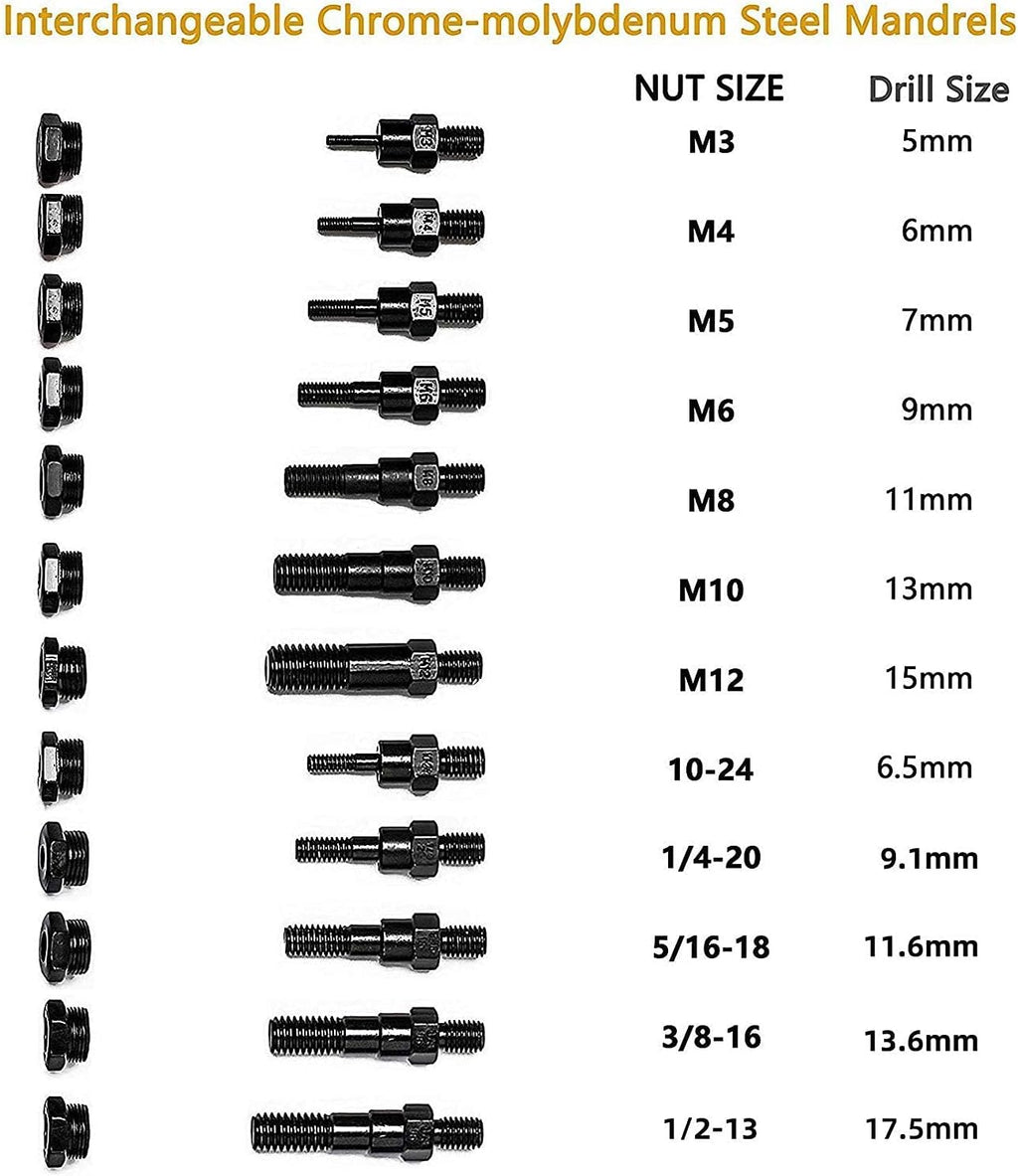 16 Rivet Nut Tool with 12 Mandrels and 115 Pcs Rivets Nuts Y726478