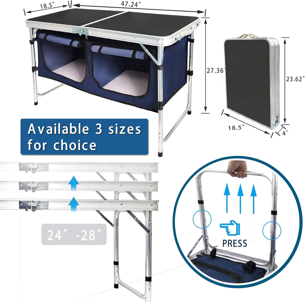 Folding Camp Table with Storage Organizer, Aluminum Adjustable (Black) W90094