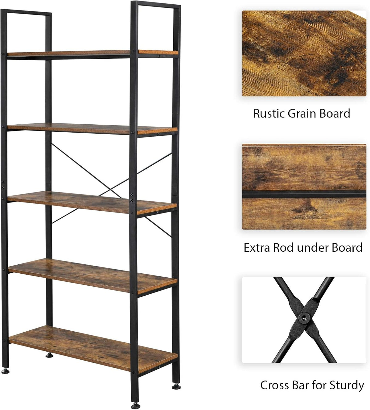 5 Tier Rustic Wood and Metal Bookshelf W559