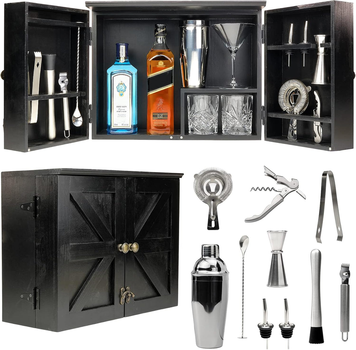 Barndoor Bartender Cabinet with 12 Piece Bar Tool Set I21833