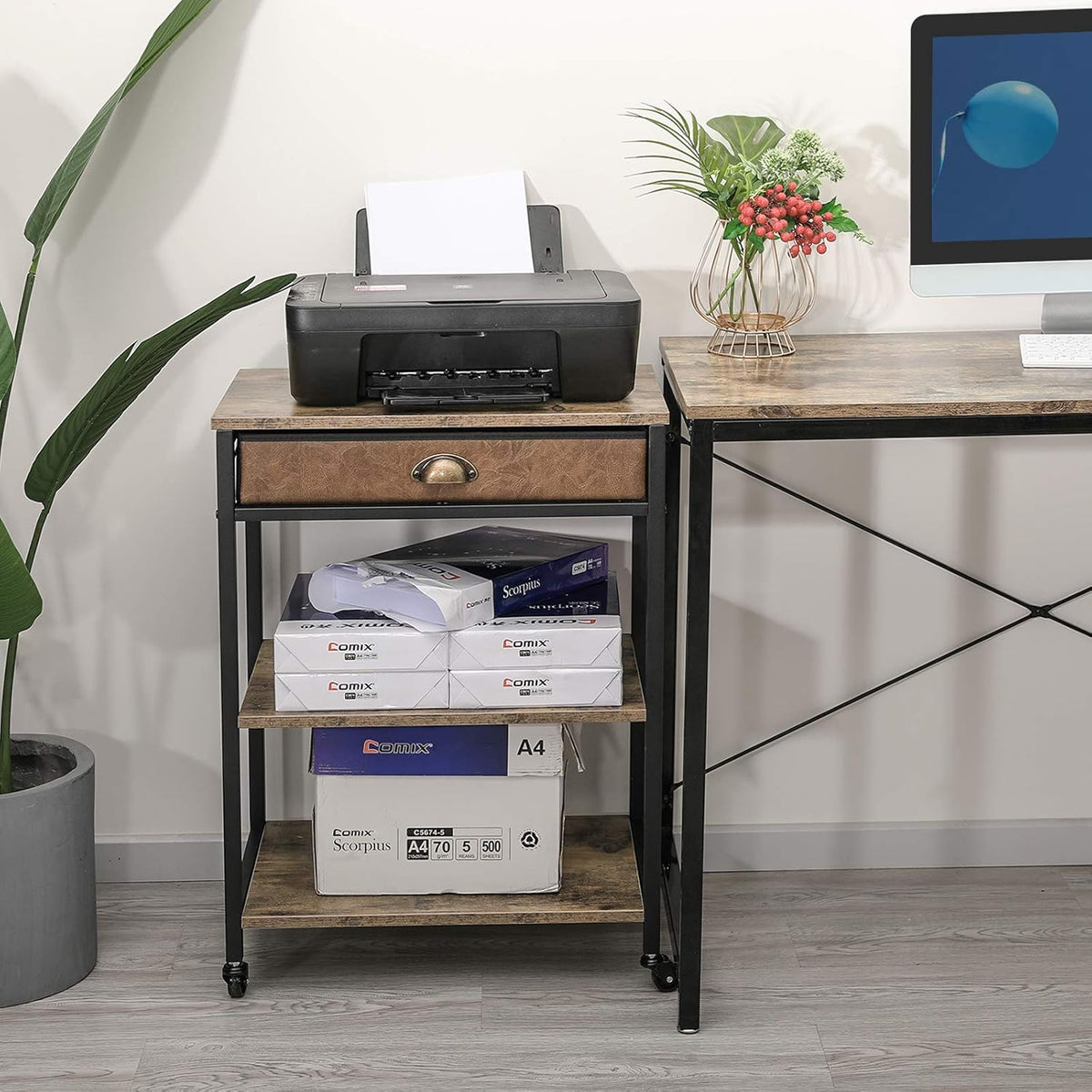 3 Tier Printer Stand with Storage Drawer and Wheel R437374