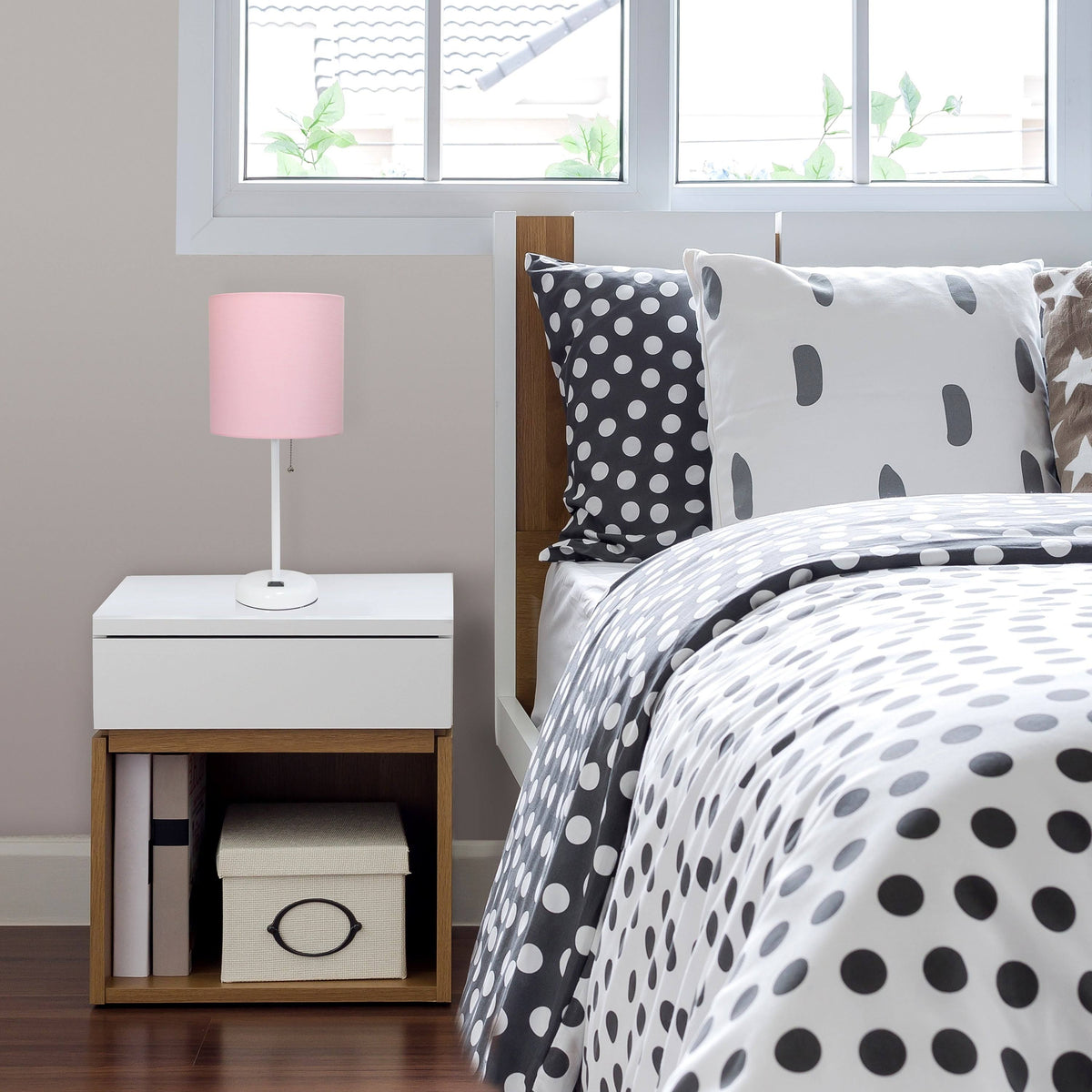 Metal Fabric Lamp with Charging Outlet White Rose Gold Base R36358
