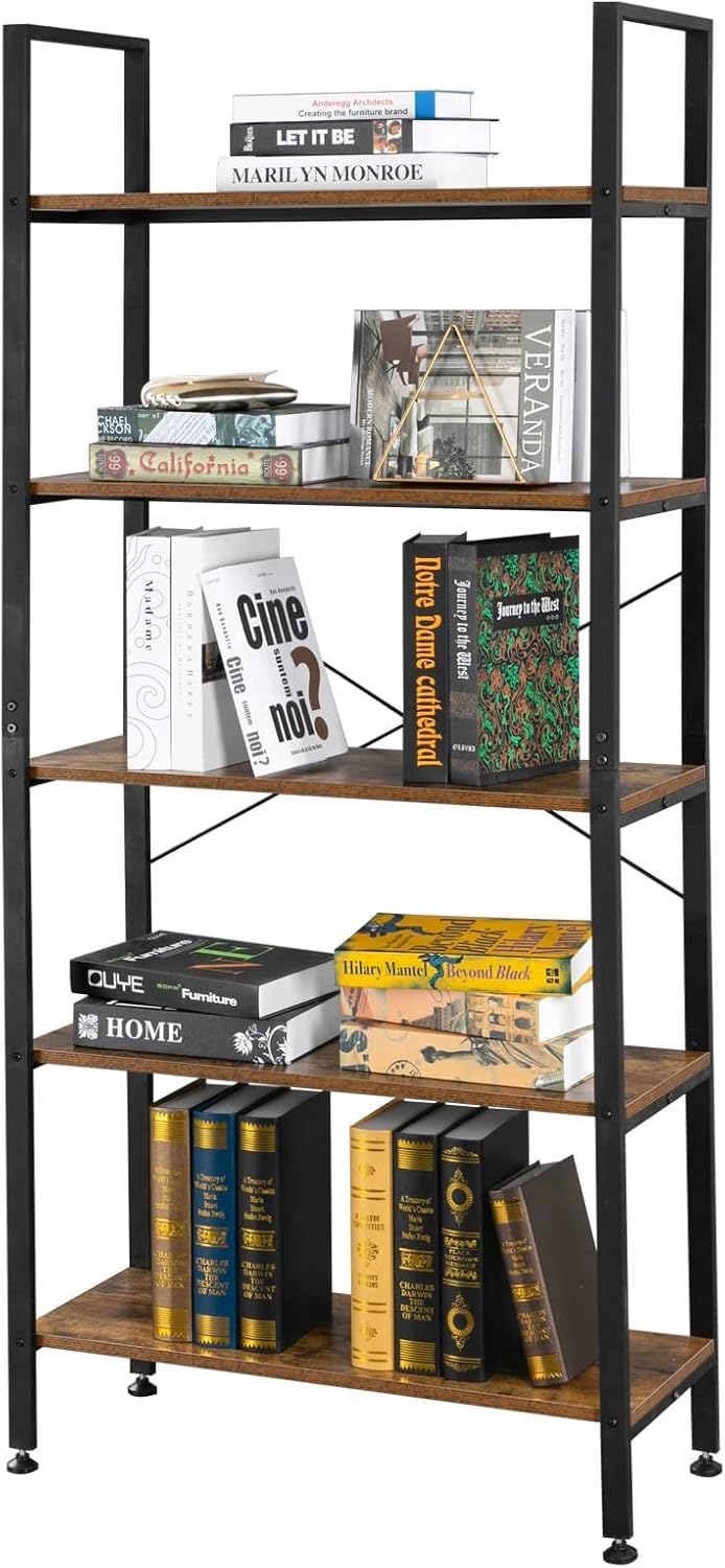 5 Tier Rustic Wood and Metal Bookshelf W559