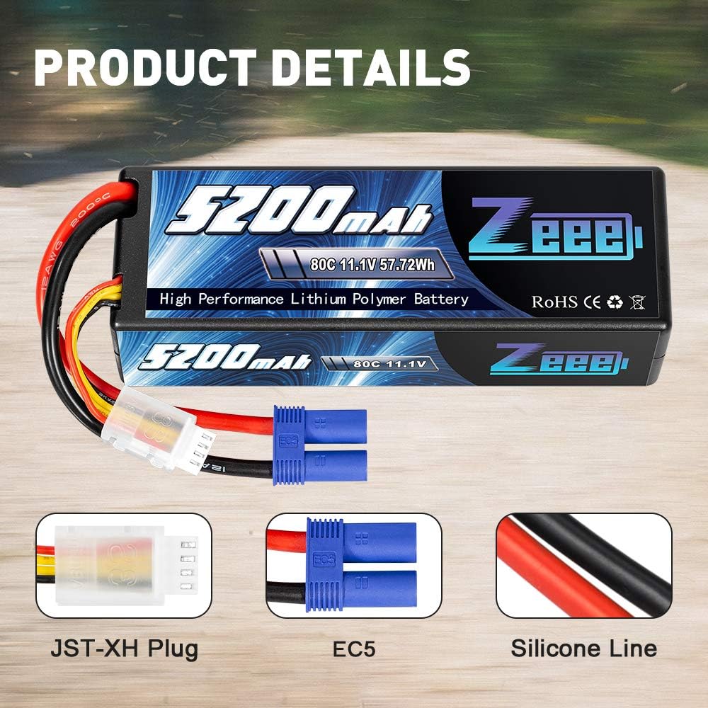 11.1V 80C 5200mAh 3S Lipo Battery with EC5 Connector Hardcase 2 Packs O993913