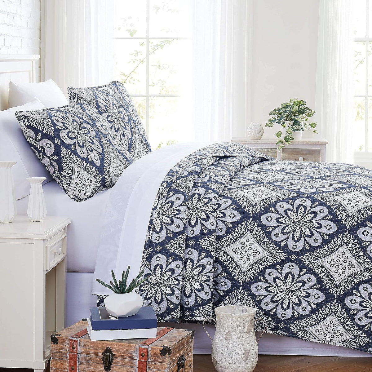 Oversized Quilt Cover Set with 1 Quilt Set and 2 Shams, Full / Queen, Blue Z193