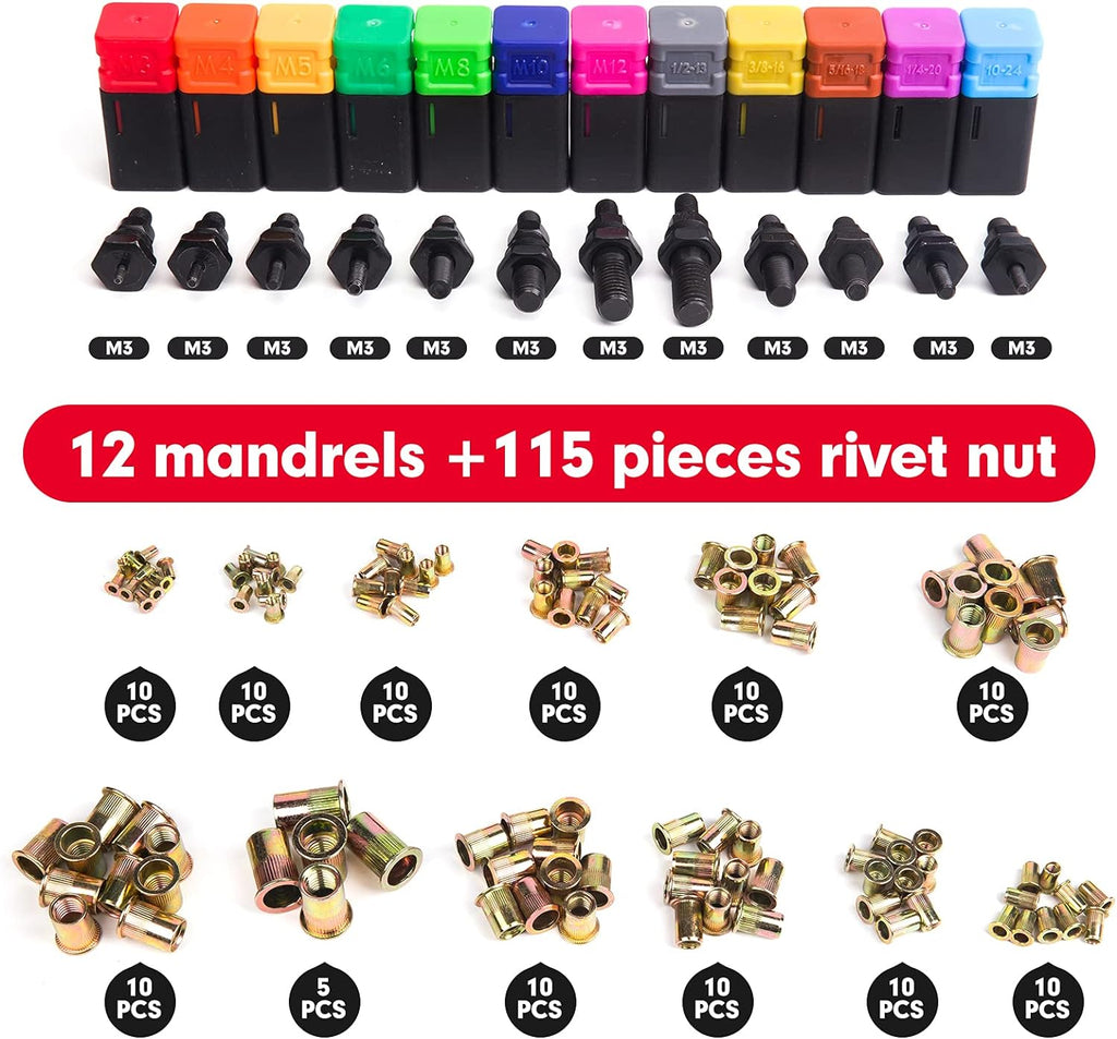 16 Rivet Nut Tool with 12 Mandrels and 115 Pcs Rivets Nuts Y726478