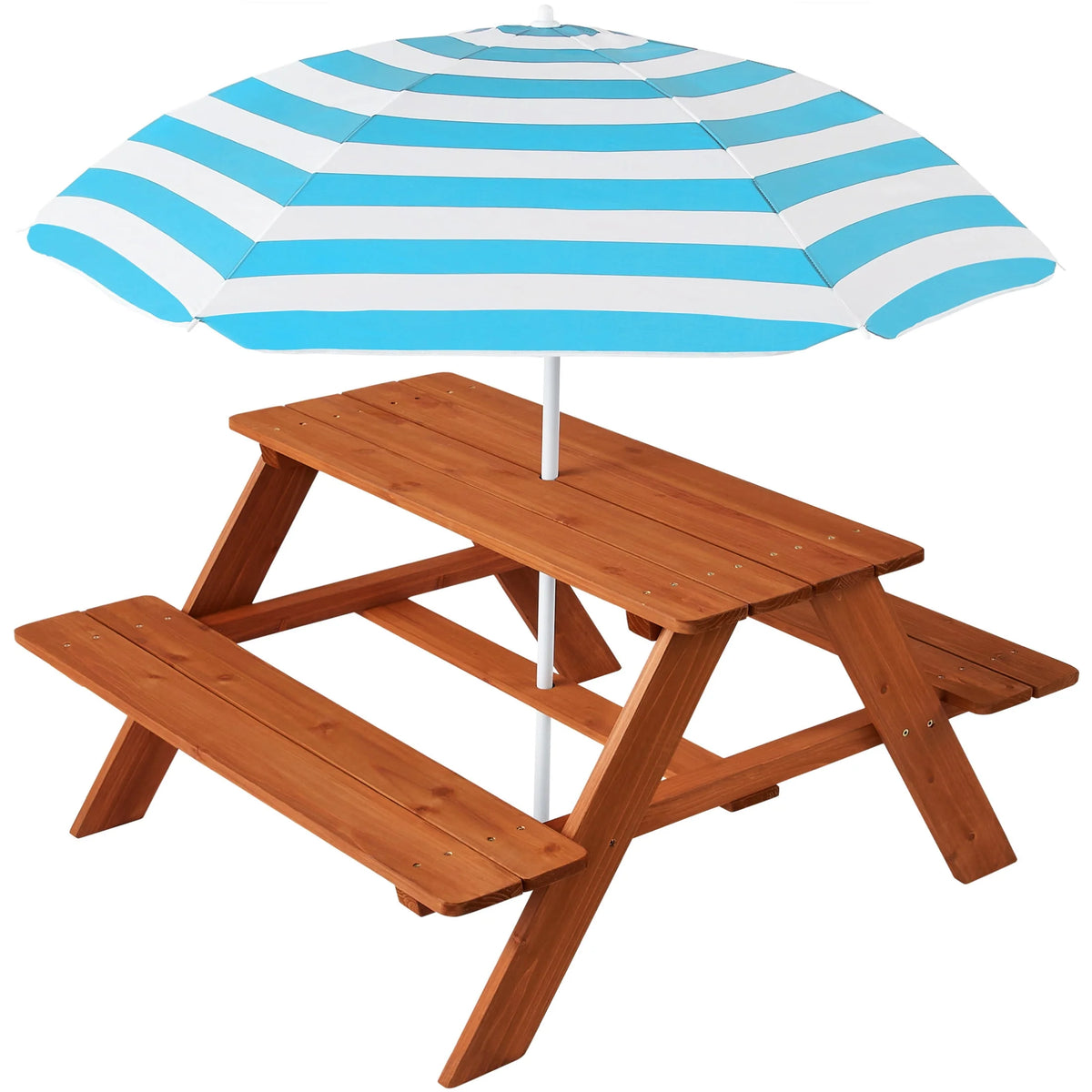 Kids Wooden Picnic Table with Adjustable Umbrella and Built-In Seats A343