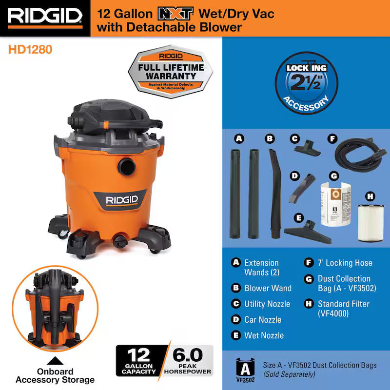 12 Gallon 6.0 Peak HP Wet Dry Vacuum with Detachable Blower J70208