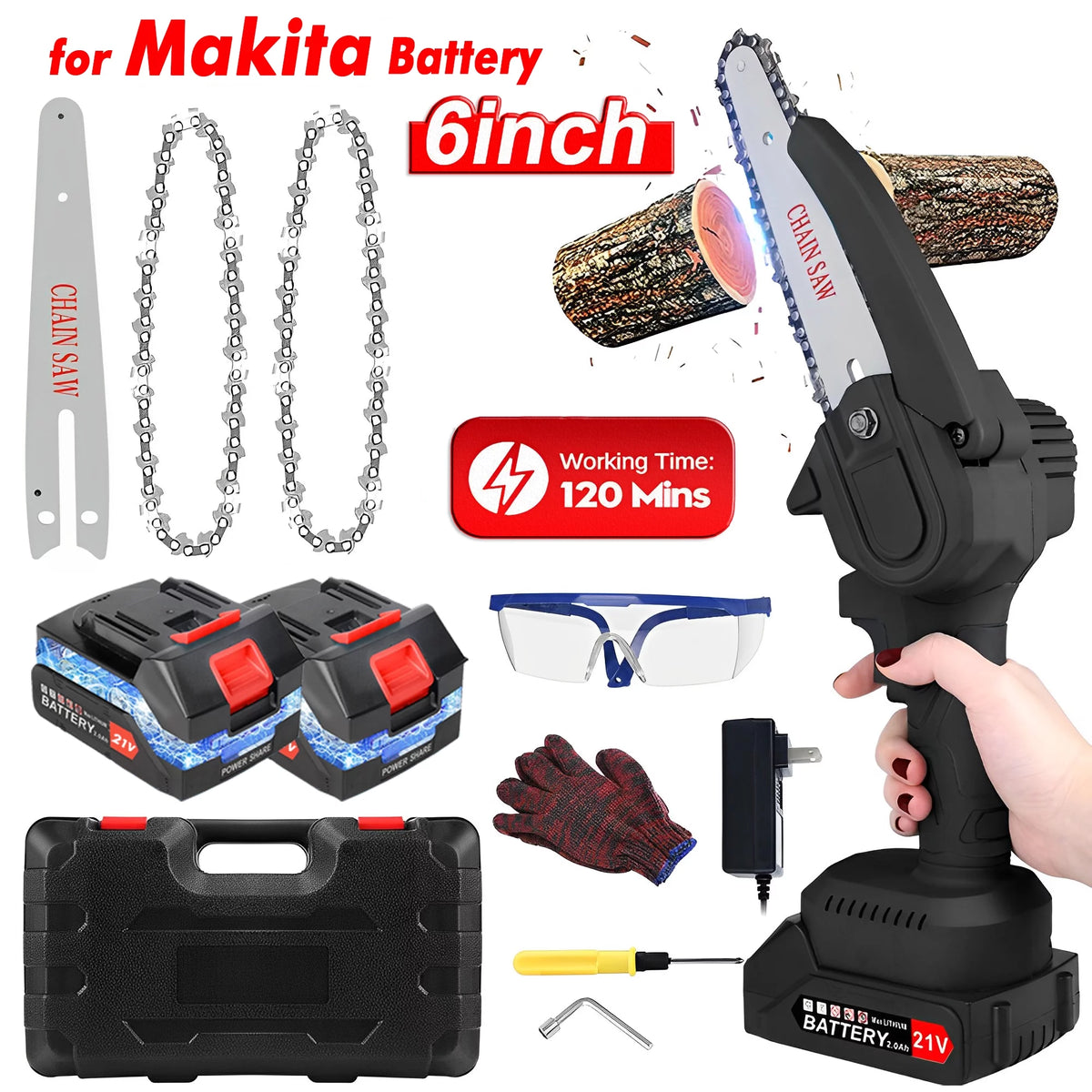 6 inch Cordless Mini Chainsaw with 2 Battery 2 Chain M9362