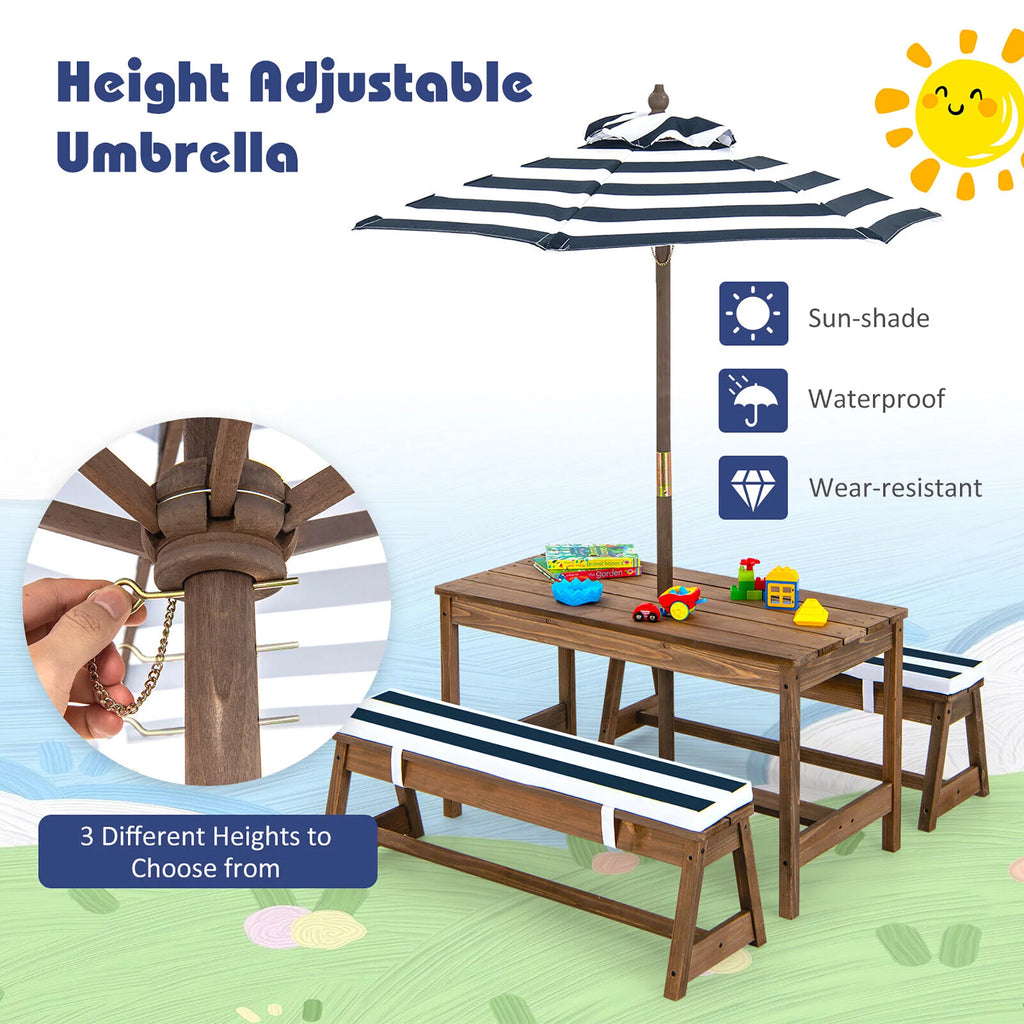 Kids Wood Picnic Table and Bench Set with Cushions Umbrella Q31764