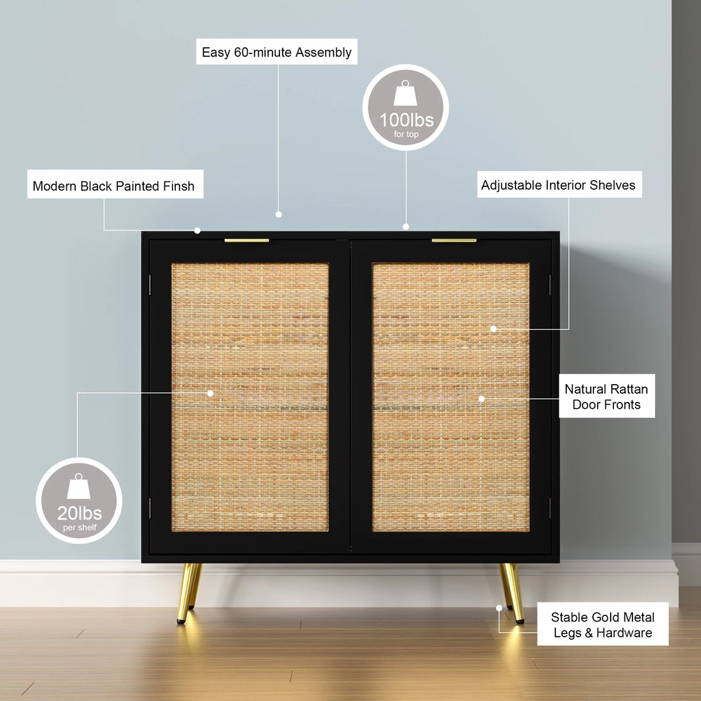Black 2 Rattan Door Accent Cabinet D652