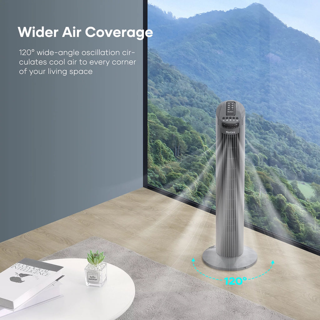 30 Tower Fan 120° Oscillating 60dB Quiet with Remote Control 3 Speeds 3 Wind Modes Timer Dark Gray A114