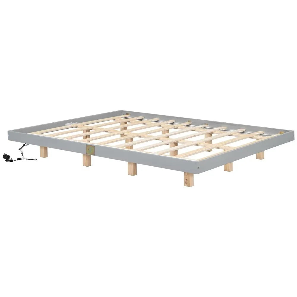 White Full Size Floating Platform Bed Frame with LED Lights E11268