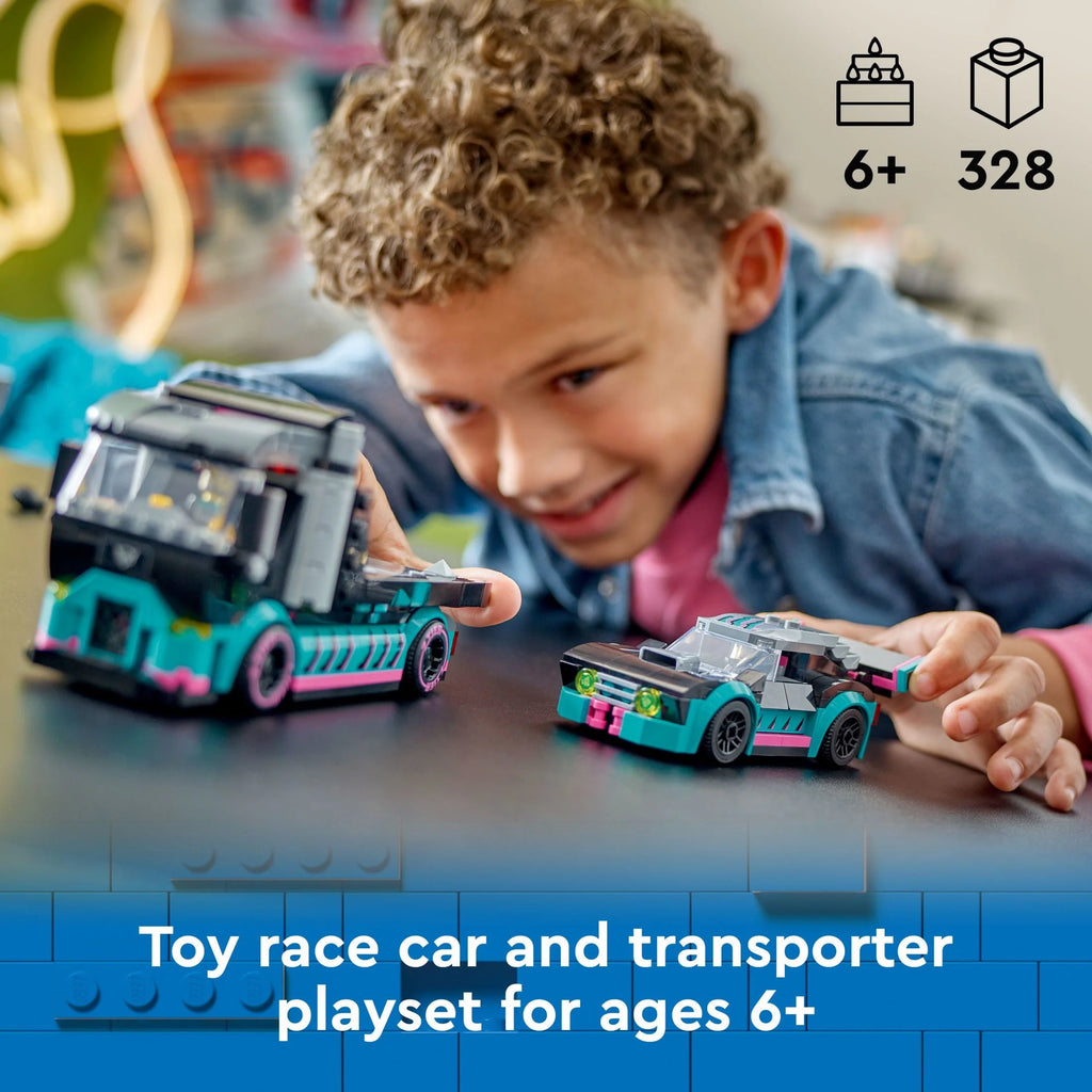 Race Car and Car Carrier Truck Toy Playset with Loading Ramp V760256