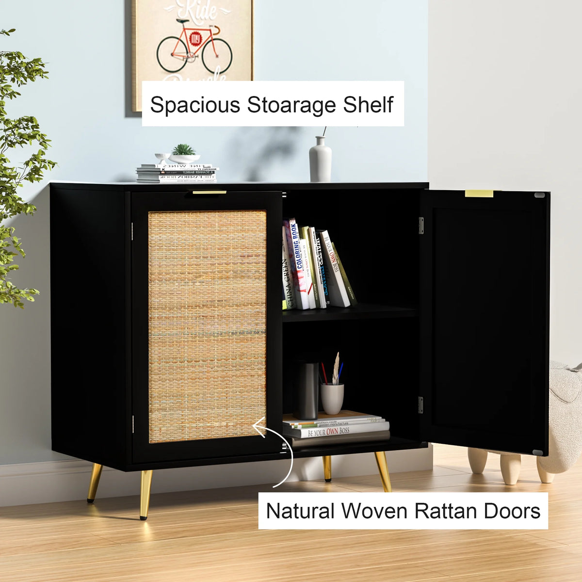 Black 2 Rattan Door Accent Cabinet D652