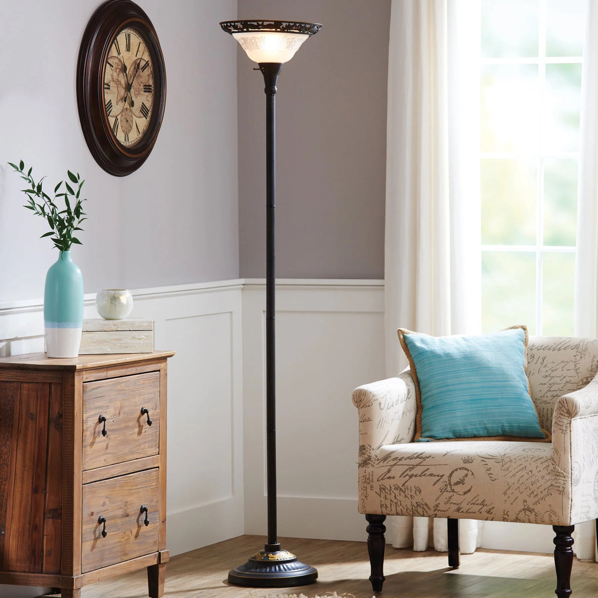 Bronze Victorian Floor Lamp with Etched Glass Shade V8582