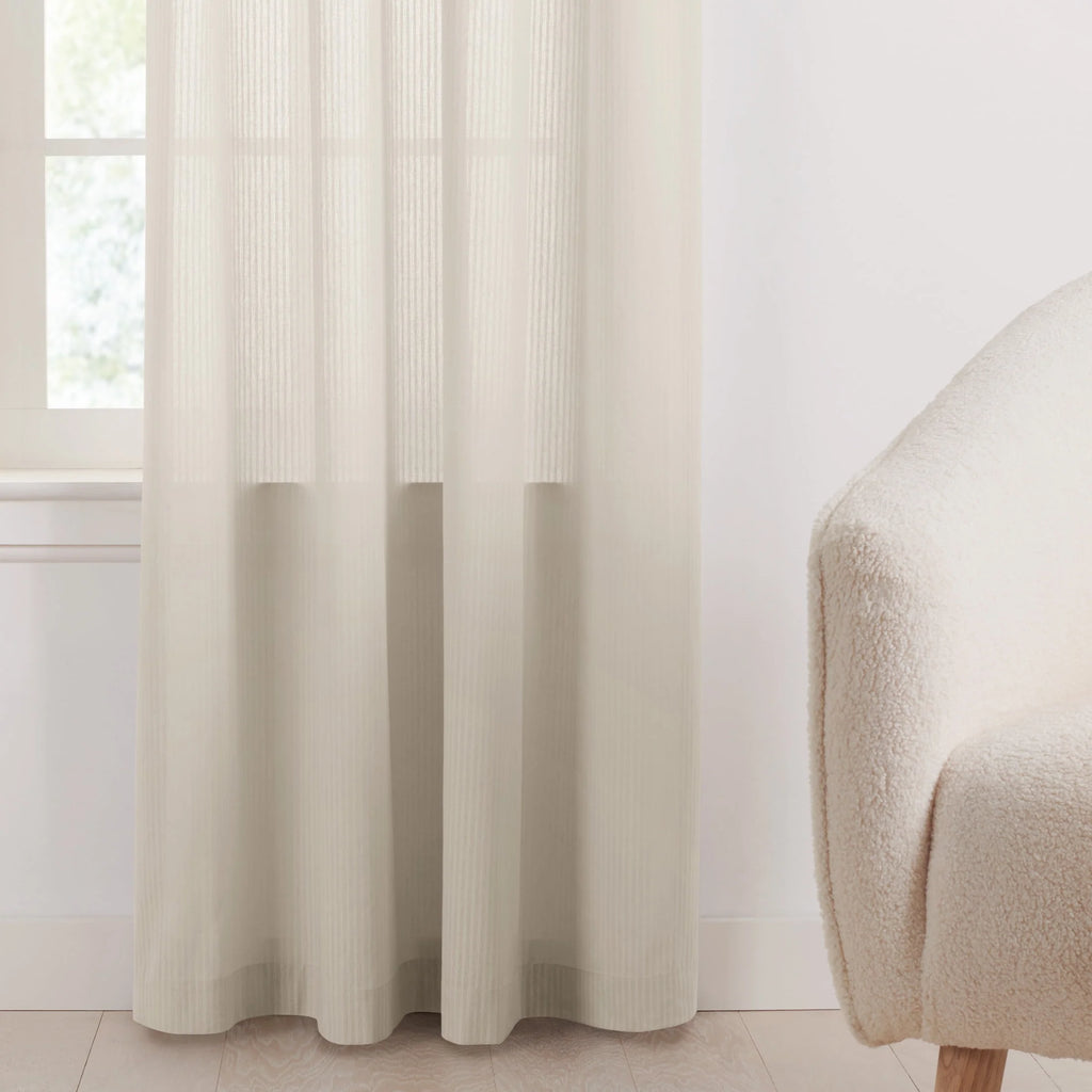 Semi-Sheer Stripe Organic Cotton Window Curtain Pair White 84 N43953