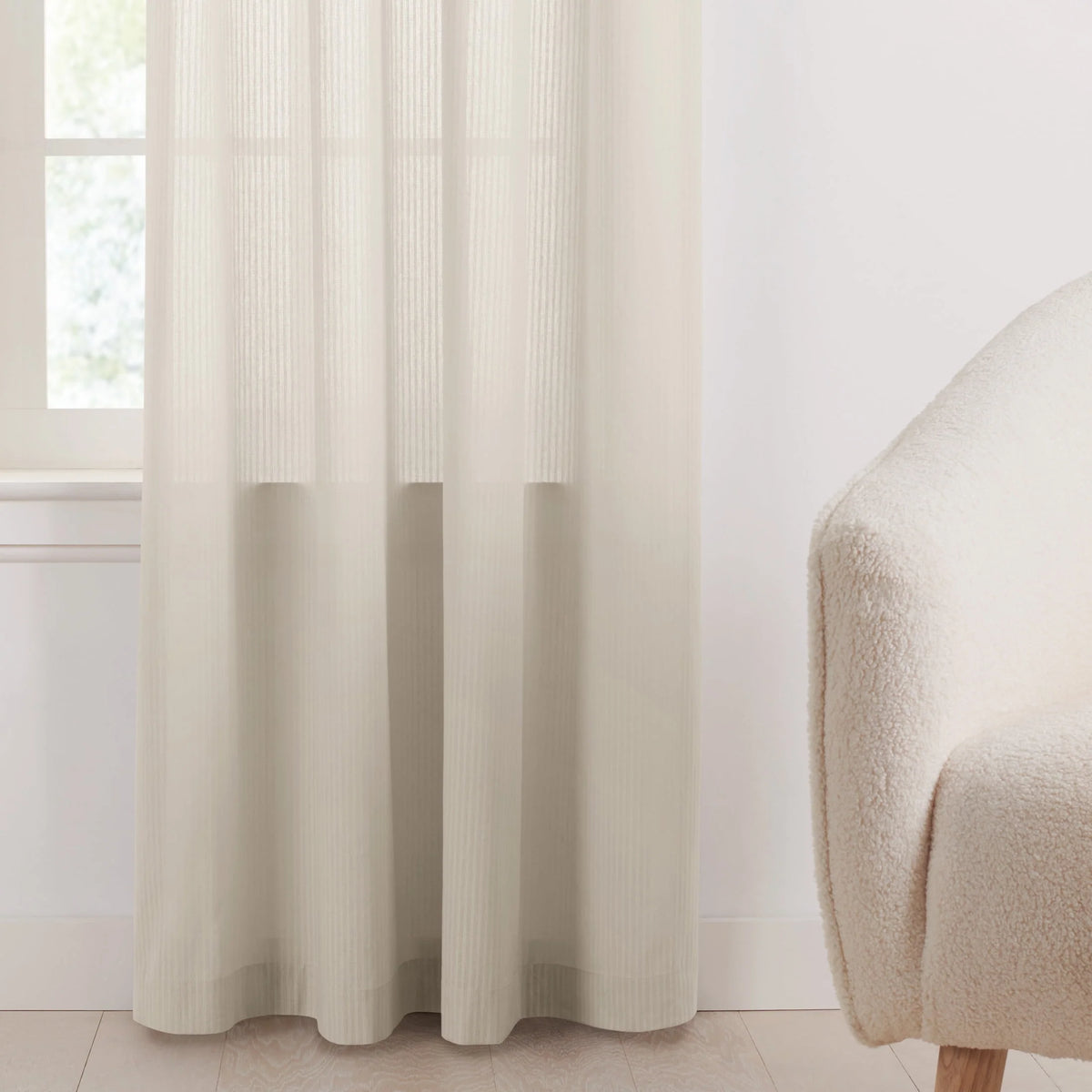 Semi-Sheer Stripe Organic Cotton Window Curtain Pair White 84 N43953