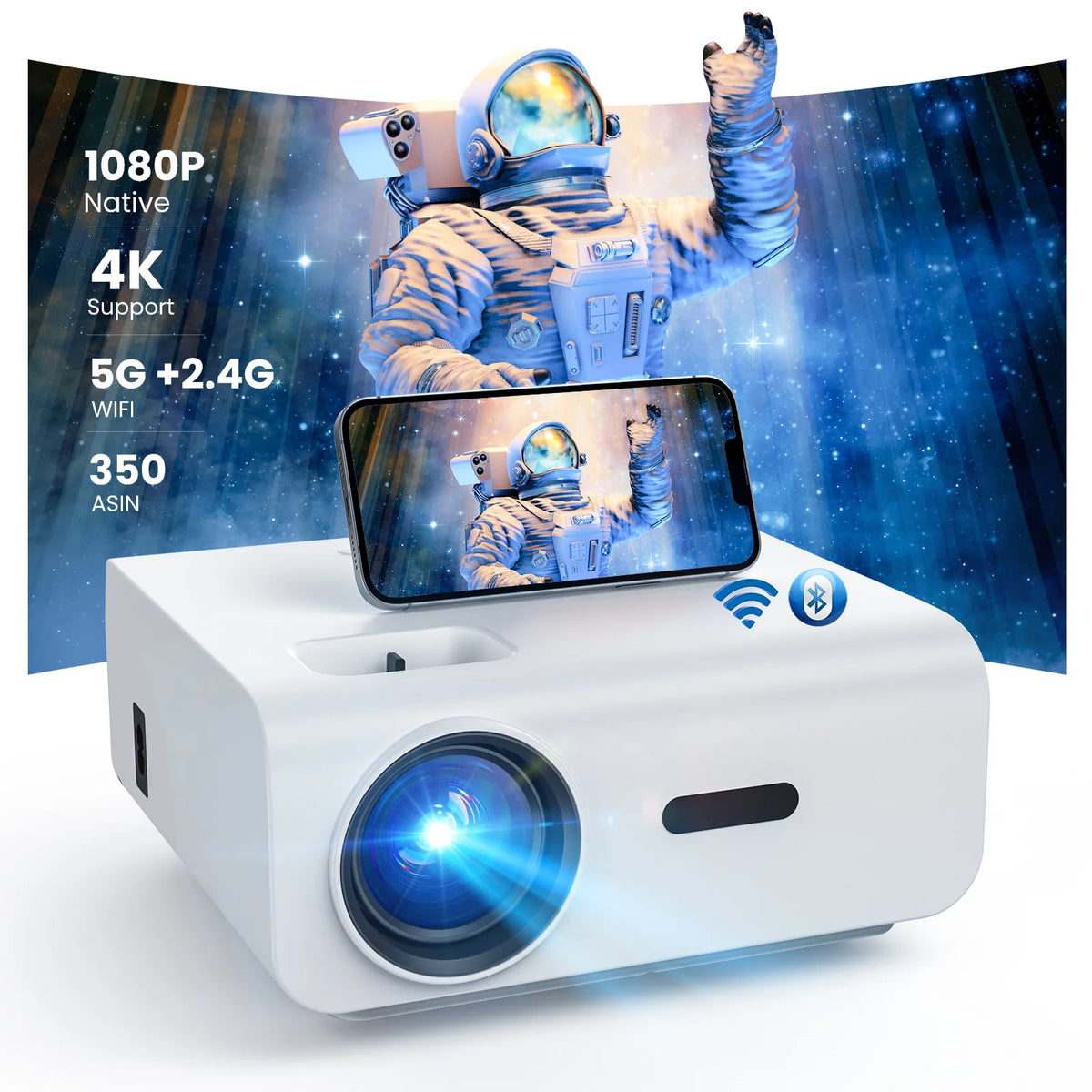 5G WiFi Bluetooth 1080P Projector with 100 Projector Screen T695011