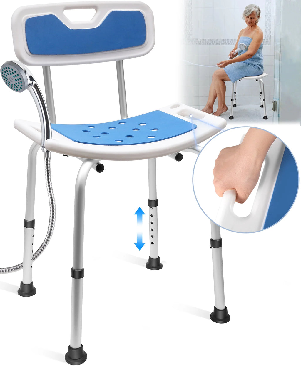 Bath and Shower Chair with Back and Padded Armrests, Height Adjustable S8020