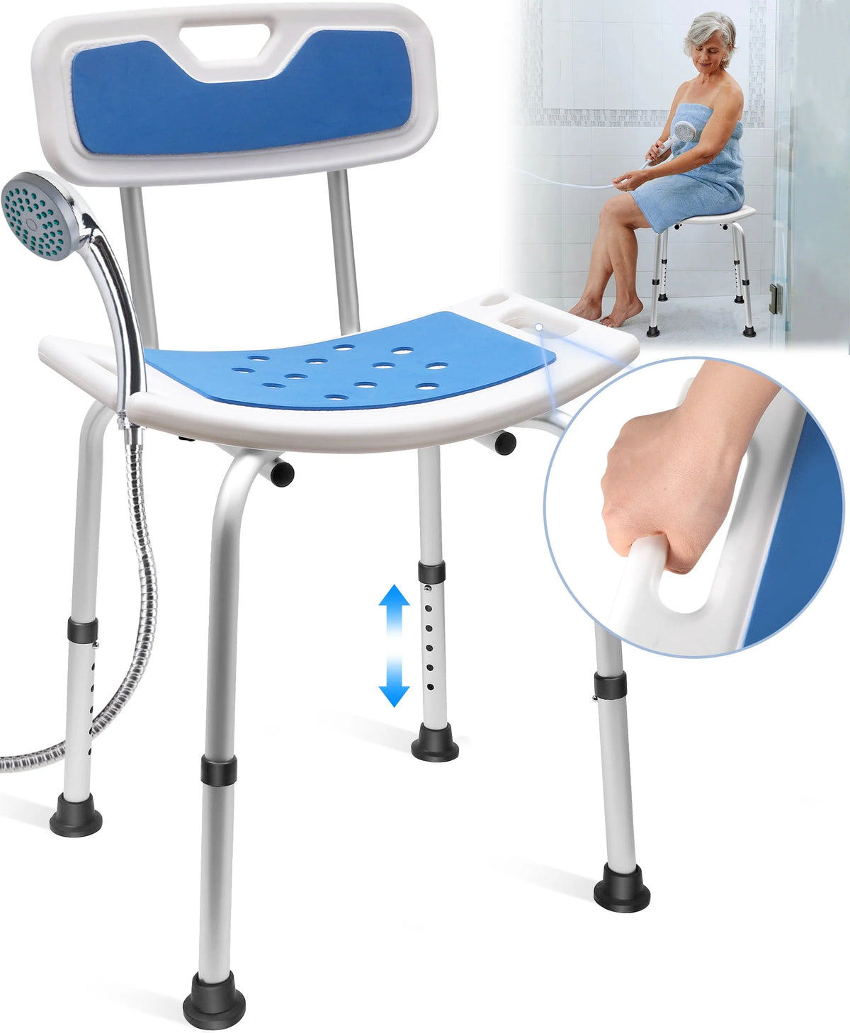 Bath and Shower Chair with Back and Padded Armrests, Height Adjustable S8020