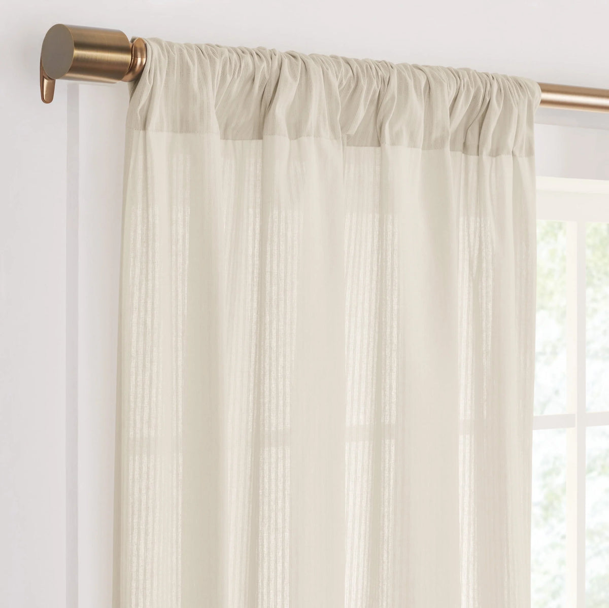 Semi-Sheer Stripe Organic Cotton Window Curtain Pair White 84 N43953