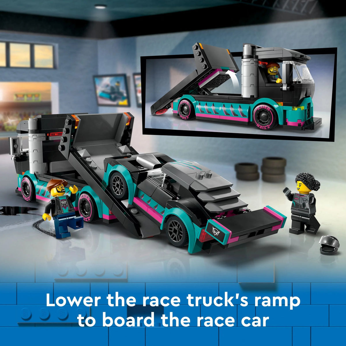 Race Car and Car Carrier Truck Toy Playset with Loading Ramp V760256