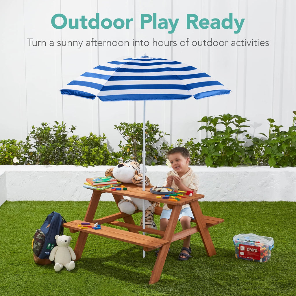 Kids Wooden Picnic Table with Adjustable Umbrella and Built-In Seats A343