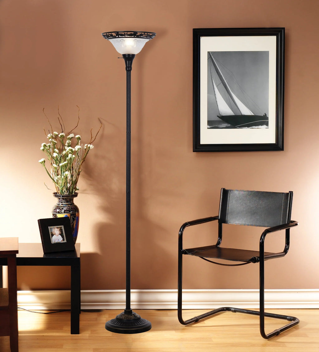 Bronze Victorian Floor Lamp with Etched Glass Shade V8582