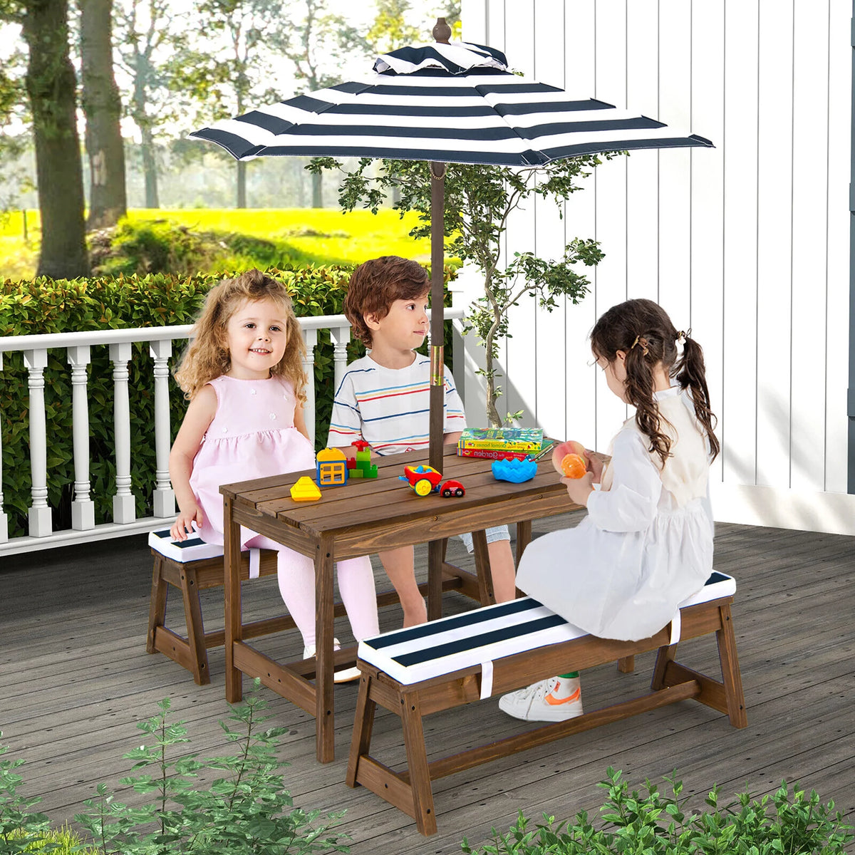 Kids Wood Picnic Table and Bench Set with Cushions Umbrella Q31764