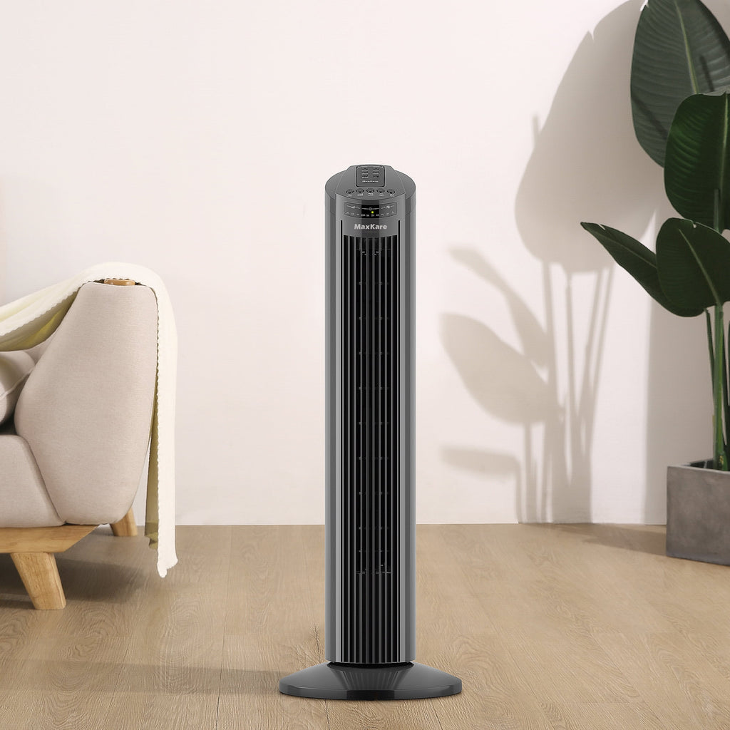 30 Tower Fan 120° Oscillating 60dB Quiet with Remote Control 3 Speeds 3 Wind Modes Timer Dark Gray A114