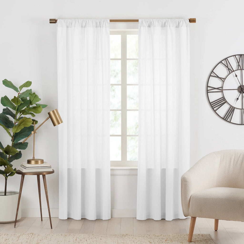 Semi-Sheer Stripe Organic Cotton Window Curtain Pair White 84 N43953