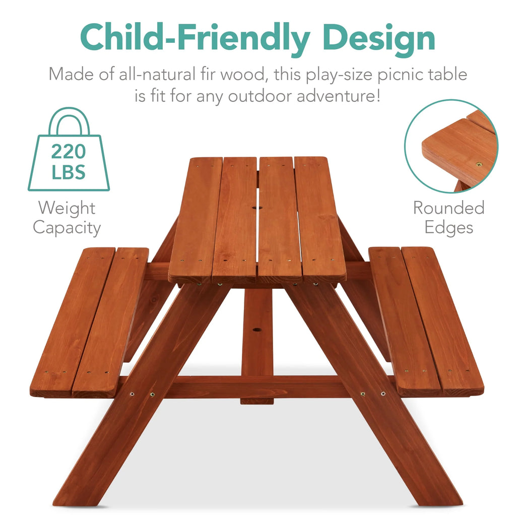 Kids Wooden Picnic Table with Adjustable Umbrella and Built-In Seats A343